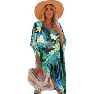 Women's 1 Green 100% Viscose Kaftan for Bathing Swimsuit Floral Pattern Dress